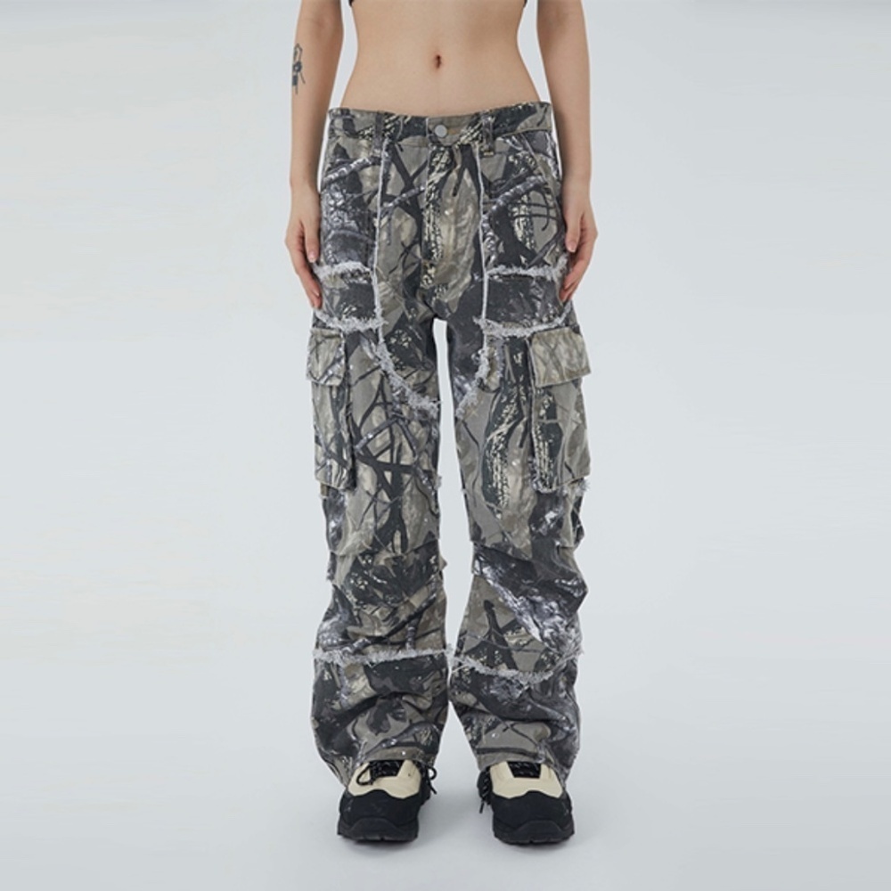 Made Extreme Jungle Camo Cargo Jeans Gray Green Loose Straight Streetwear 33x30"